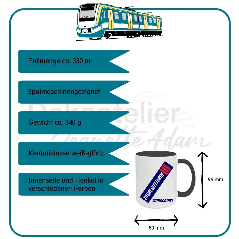 Keramik-Tasse - Zugbegleiterin in verschiedenen Farben und Kombinationen - Personalisiert